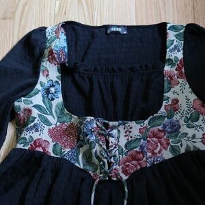 Cider Black Dress with Floral Lace-Up Detail